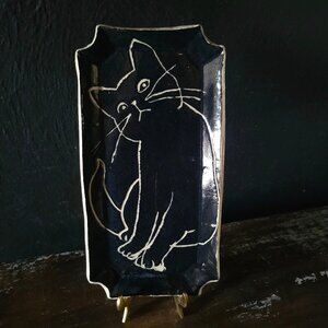 Vintage Studio Pottery Black Ceramic Plate With Cat Illustration, Cat Lover Gift